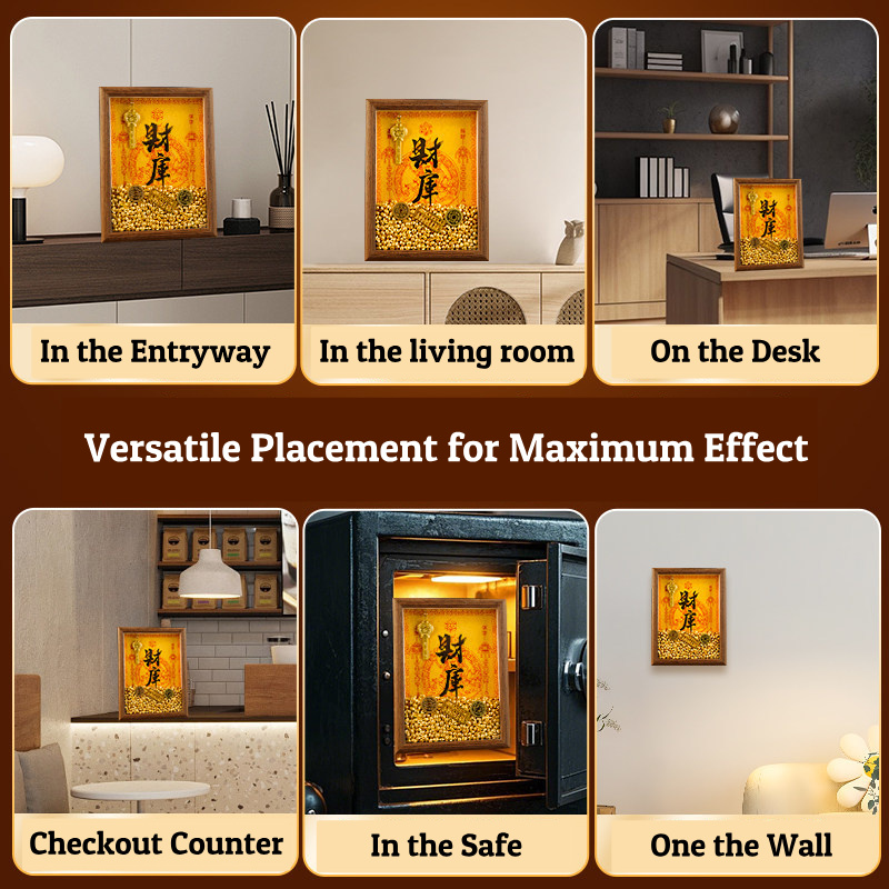 Feng Shui Wealth Opening Frame placed inside a money safe and on an office desk, demonstrating correct Feng Shui placement for financial security.