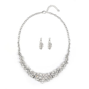 Clear White Luxury Crystal Glass Party Jewelry Set featuring a geometric silver-tone rhinestone necklace and matching dangle earrings on a black display bust.
